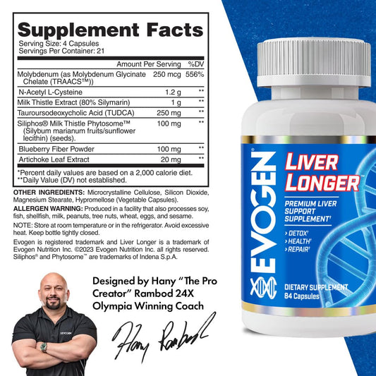 Evogen Liver Longer capsules close-up, premium NAC and Milk Thistle blend for liver health.