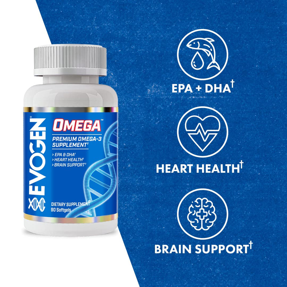 Evogen Omega bottle nutrition facts label emphasizing EPA and DHA