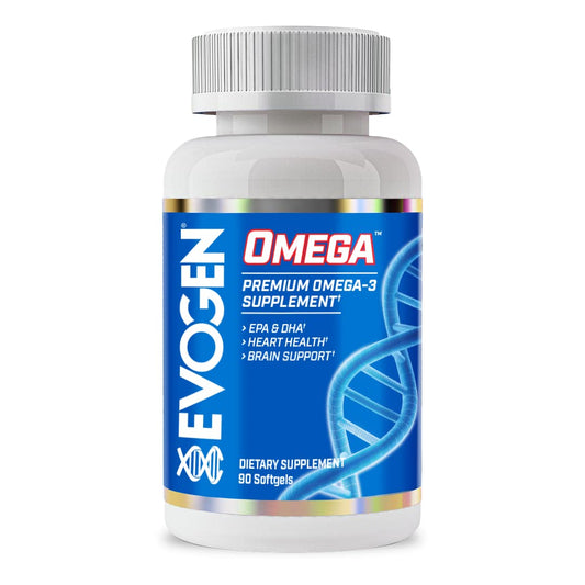 Evogen Omega Fish Oil bottle front with high-omega-3 formula for daily vitality