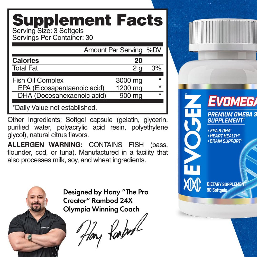 Evogen Omega softgels close-up highlighting easy-to-swallow capsules
