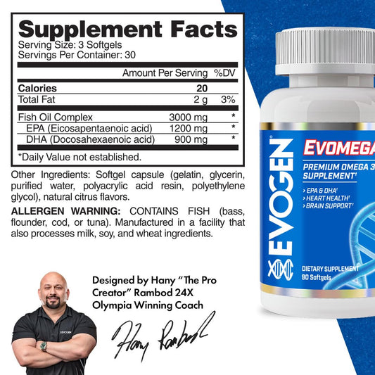 Evogen Omega softgels close-up highlighting easy-to-swallow capsules