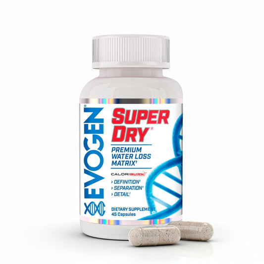 Evogen Super Dry bottle close-up showing capsules suggesting reduced water retention for a lean look.