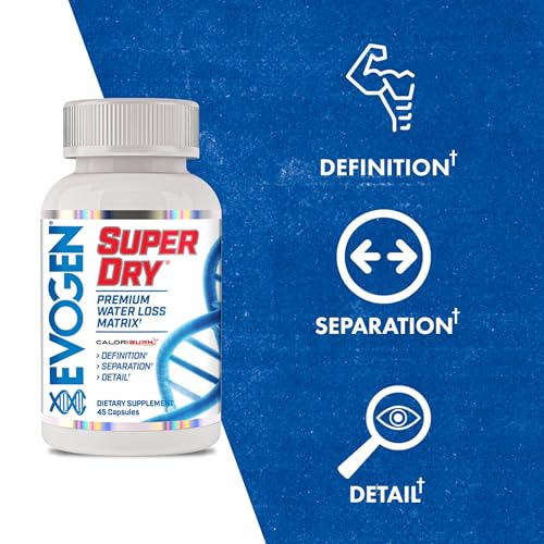Evogen Super Dry capsules arranged on a counter promote enhanced muscle definition and reduced bloating.