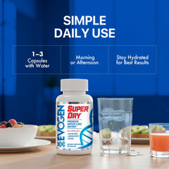 Evogen Super Dry bottle with a glass of water illustrating hydration-friendly diuretic use.