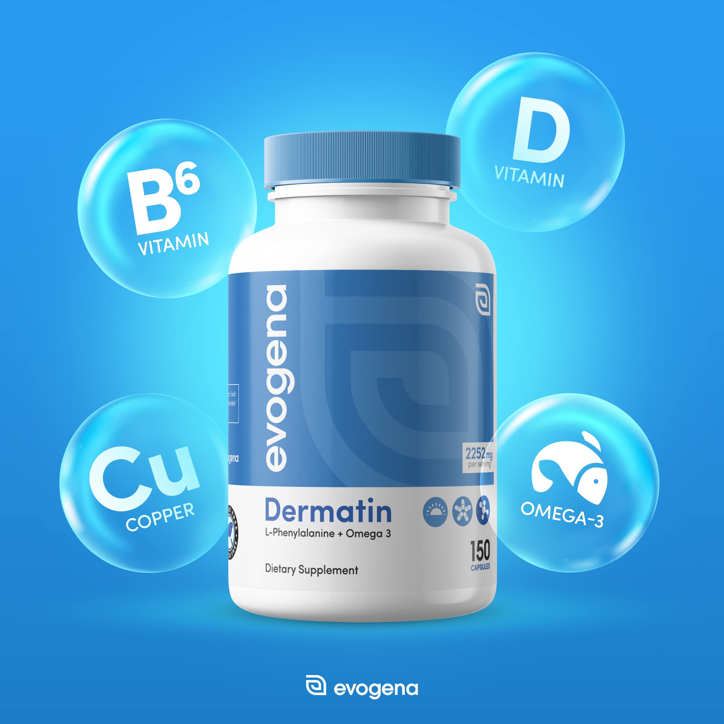 Evogena Dermatin capsules image focusing on L-phenylalanine benefits for pigment production.