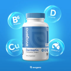 Evogena Dermatin capsules image focusing on L-phenylalanine benefits for pigment production.