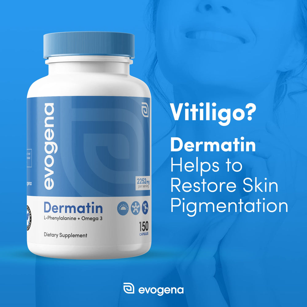 Evogena Dermatin ingredients closeup detailing Vitamin D and B6 for skin health.