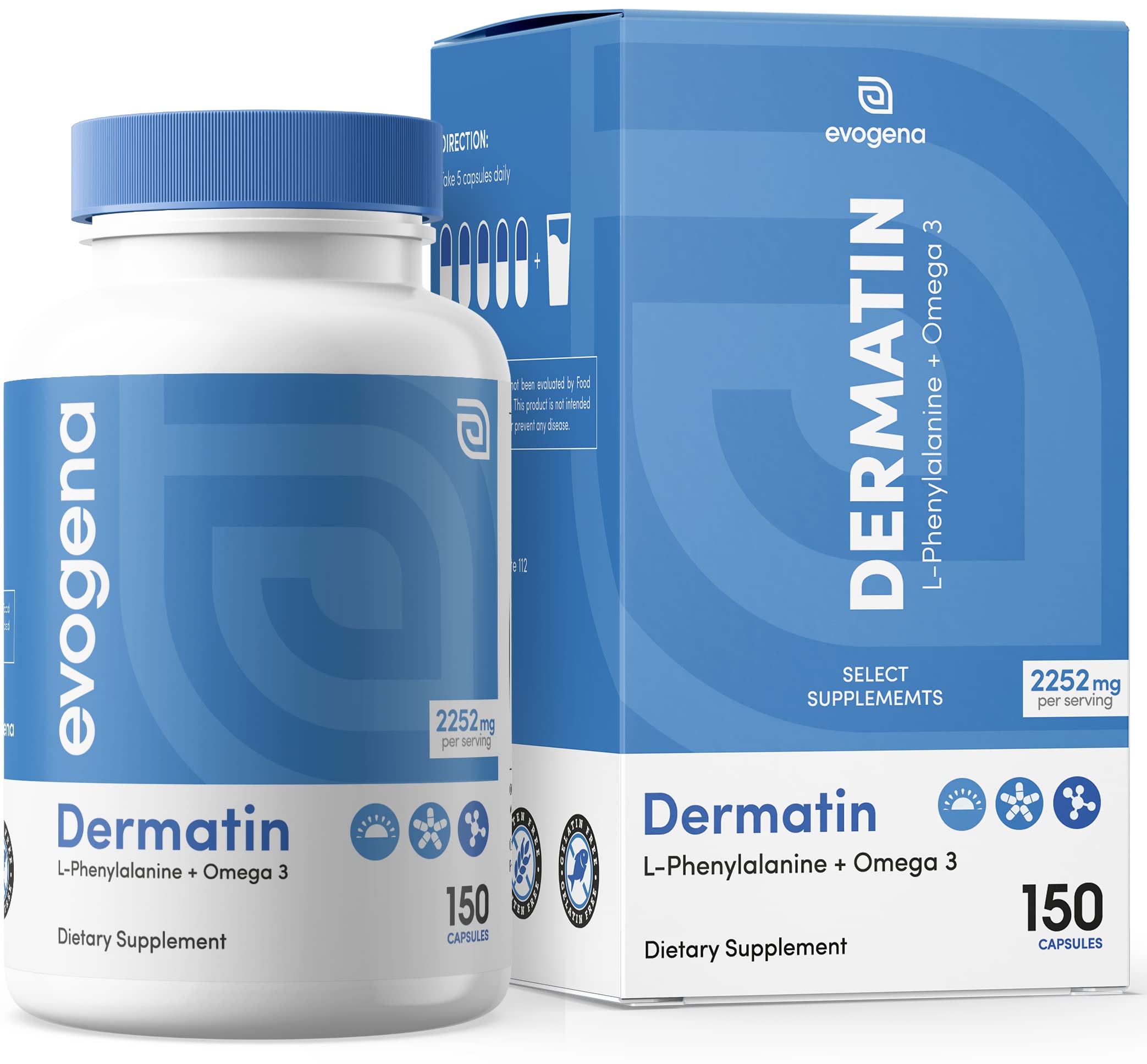 Evogena Dermatin packshot promoting convenient supplementation for skin pigment balance.
