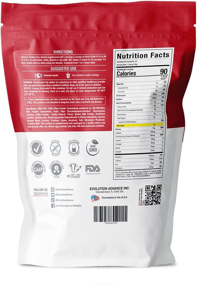 Evolution Advance ingredients with glucomannan and inulin highlight fiber support for appetite control.