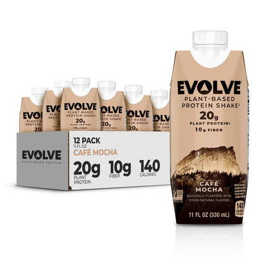 Evolve Café Mocha bottle showing plant-based protein for sustained energy.