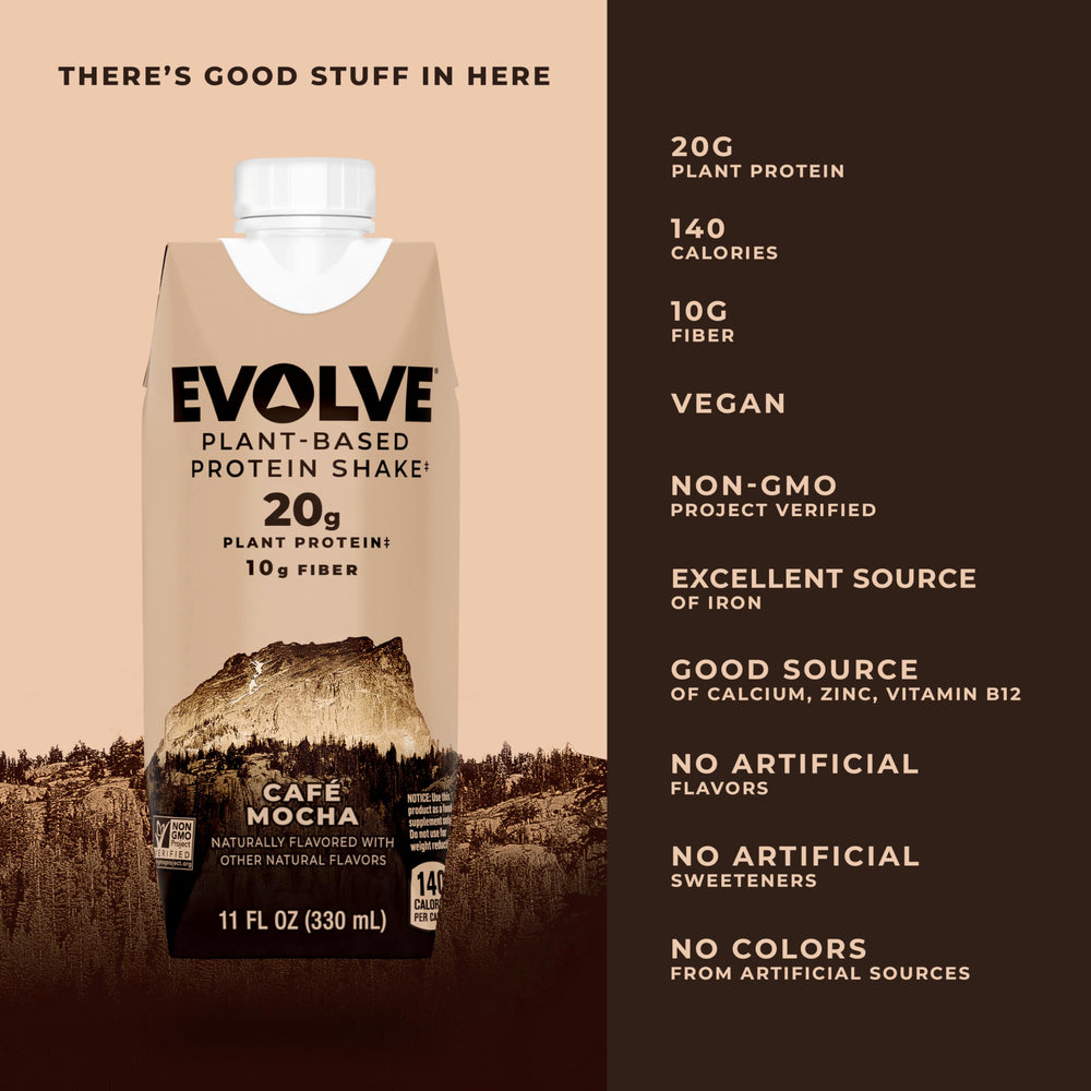 Evolve Café Mocha label emphasizes 20g protein and fiber support.