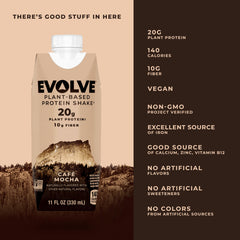 Evolve Café Mocha label emphasizes 20g protein and fiber support.