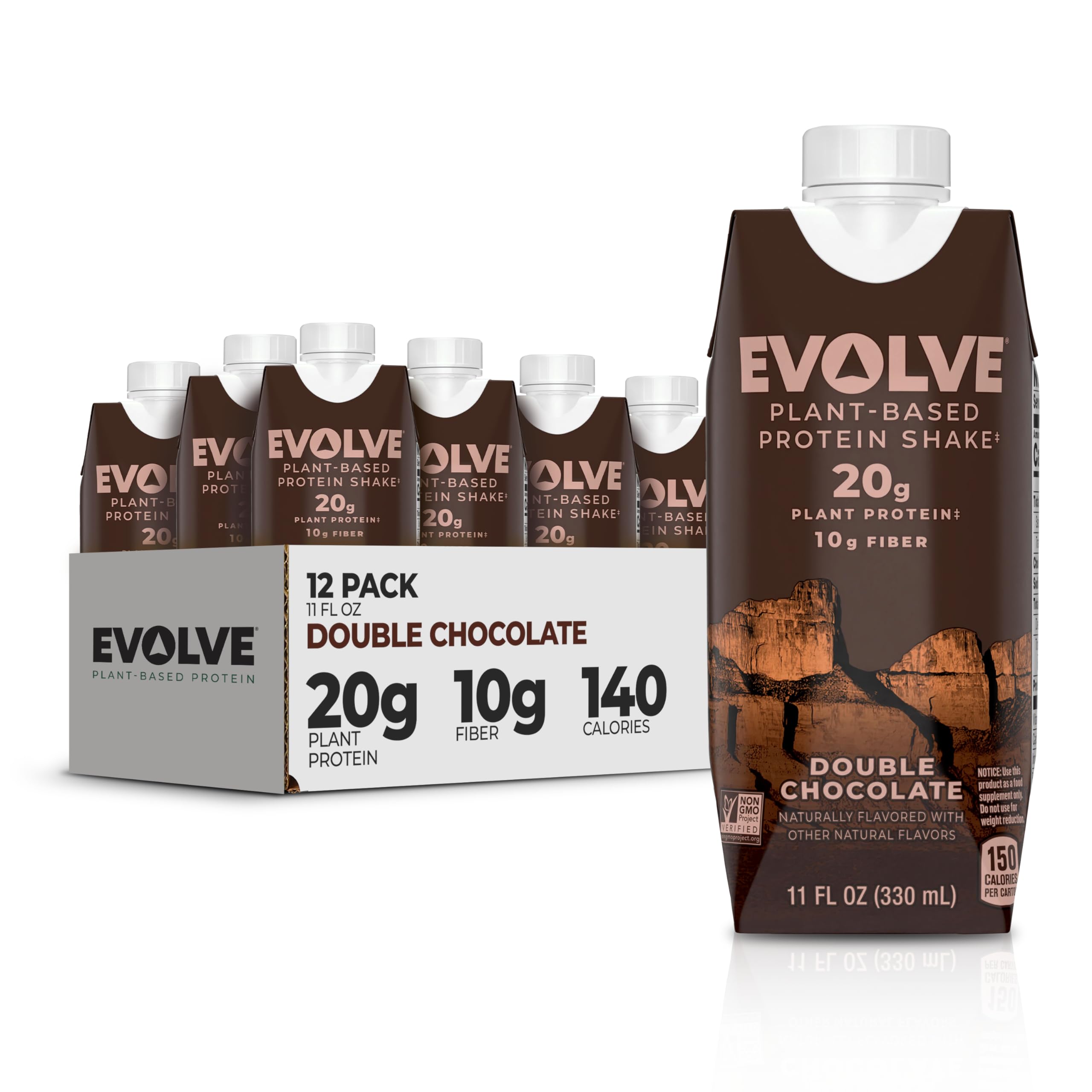 Evolve double chocolate protein shake bottle highlighting a tasty plant-based option for active lifestyles.