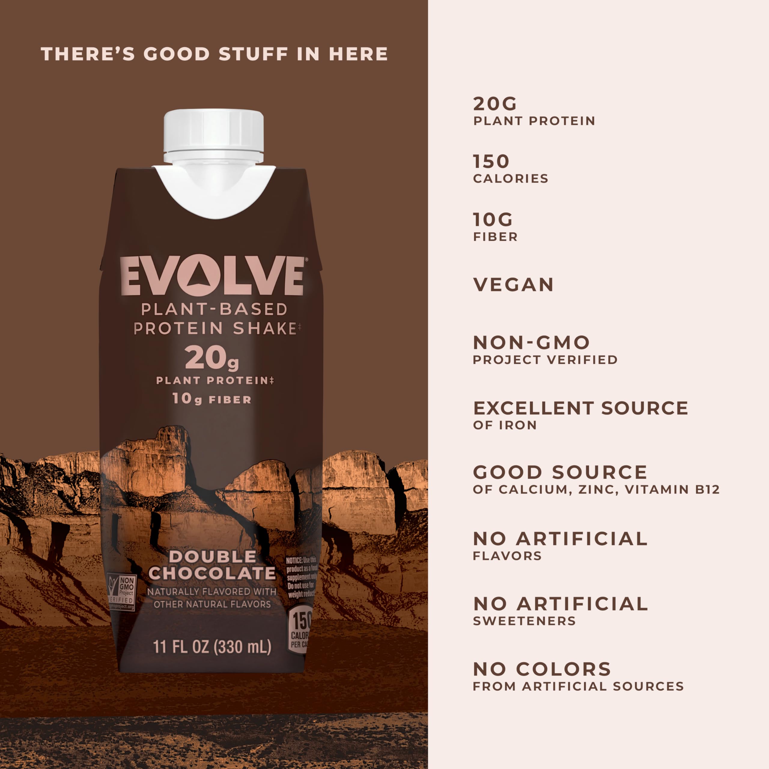 Illustrated ingredients chart from Evolve emphasizing plant-based protein and fiber.