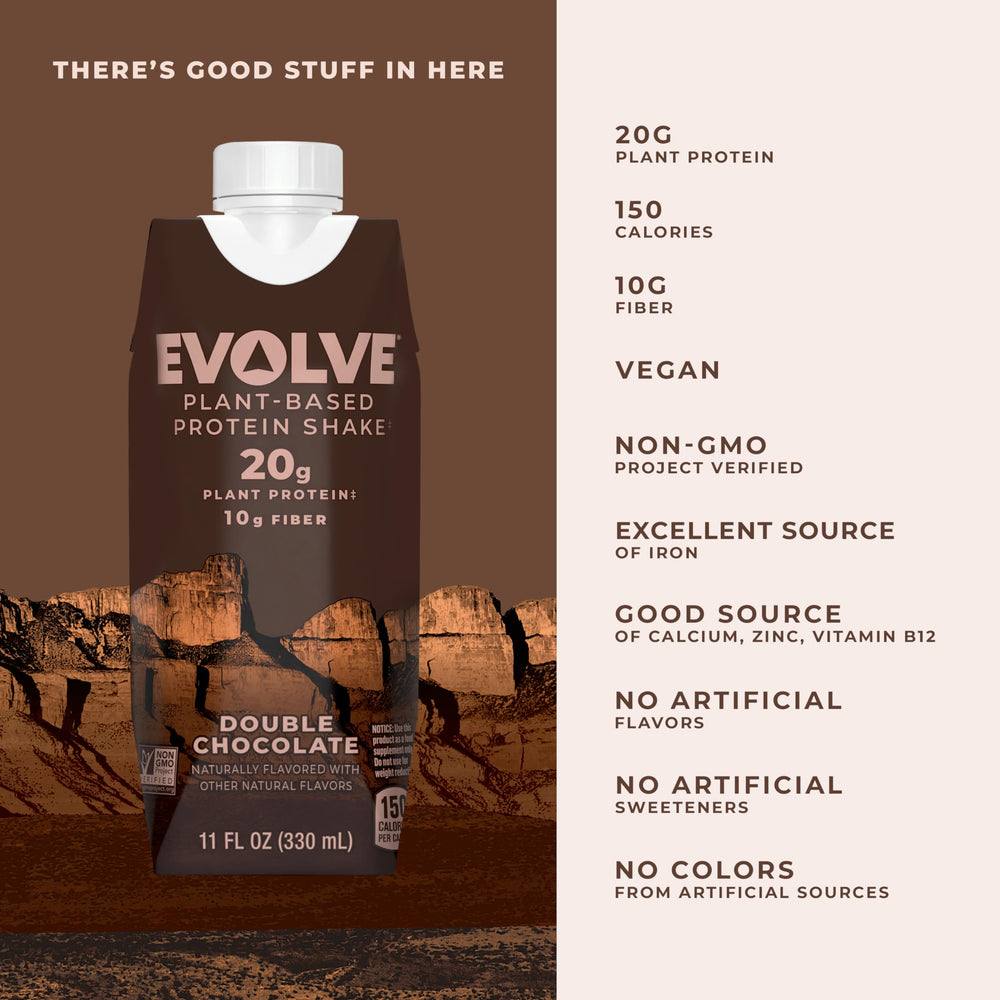 Illustrated ingredients chart from Evolve emphasizing plant-based protein and fiber.