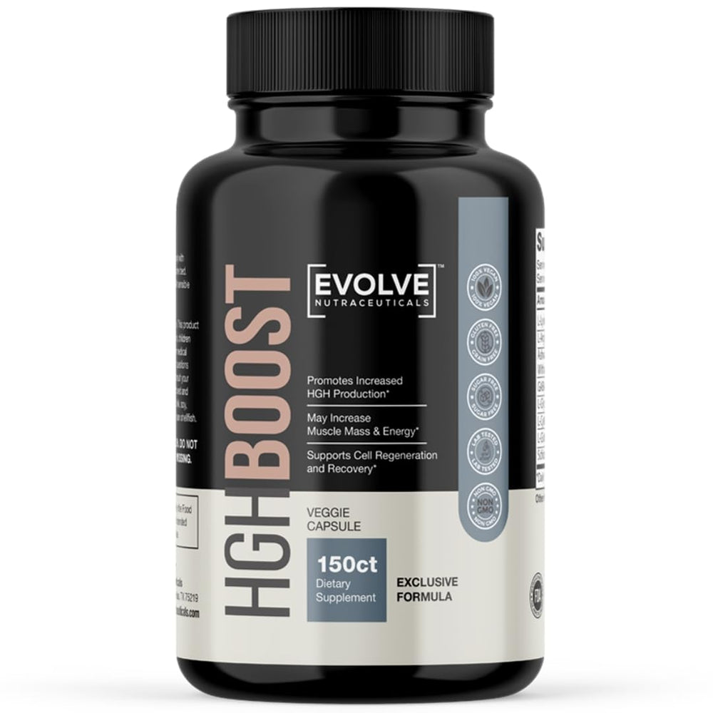 Evolve Nutraceuticals HGH Booster 2X Strength bottle front showing night-time energy potential