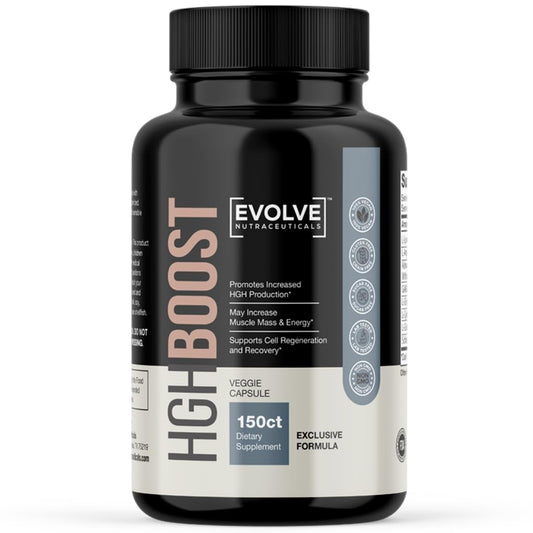 Evolve Nutraceuticals HGH Booster 2X Strength bottle front showing night-time energy potential