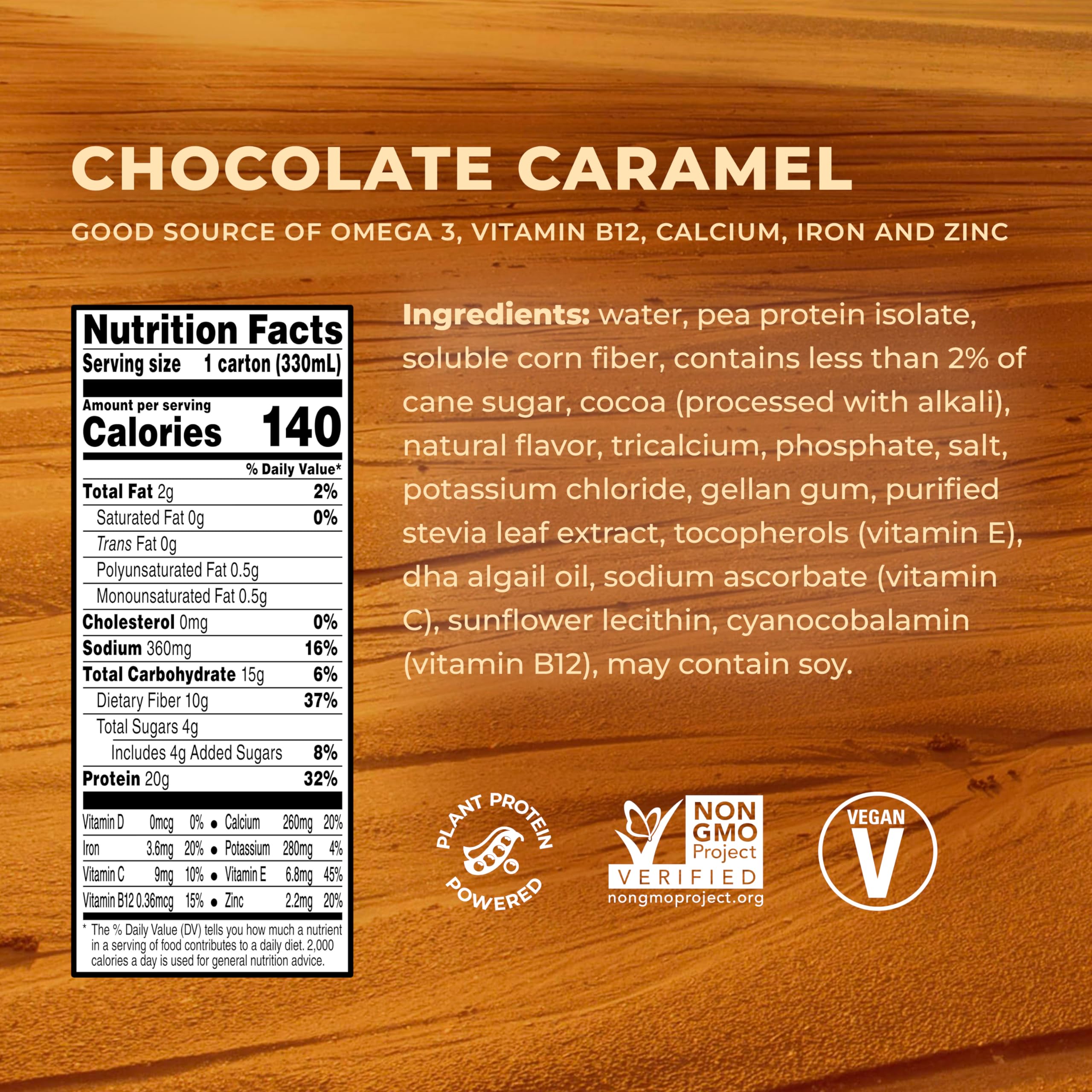 Evolve Chocolate Caramel shake label shows dairy-free and non-GMO ingredients