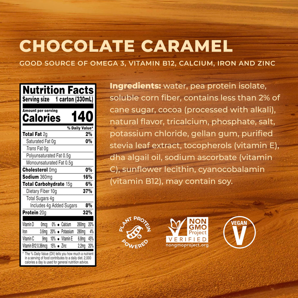 Evolve Chocolate Caramel shake label shows dairy-free and non-GMO ingredients