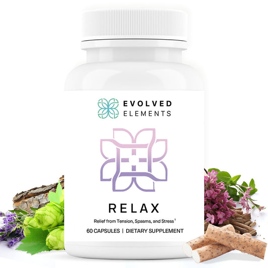 Evolved Elements muscle relaxer bottle front with clear label for muscle comfort