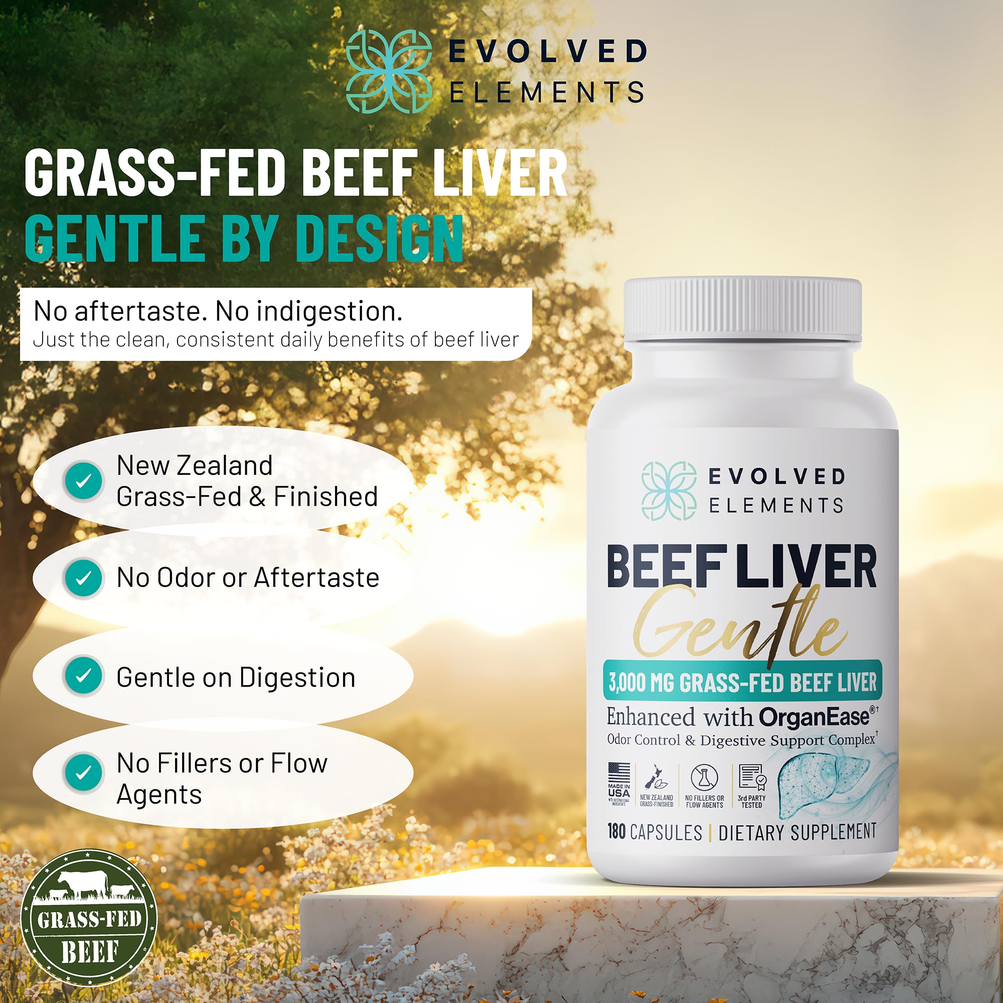 Third-party tested and Non-GMO badge confirms quality for Evolved Elements Beef Liver Gentle.