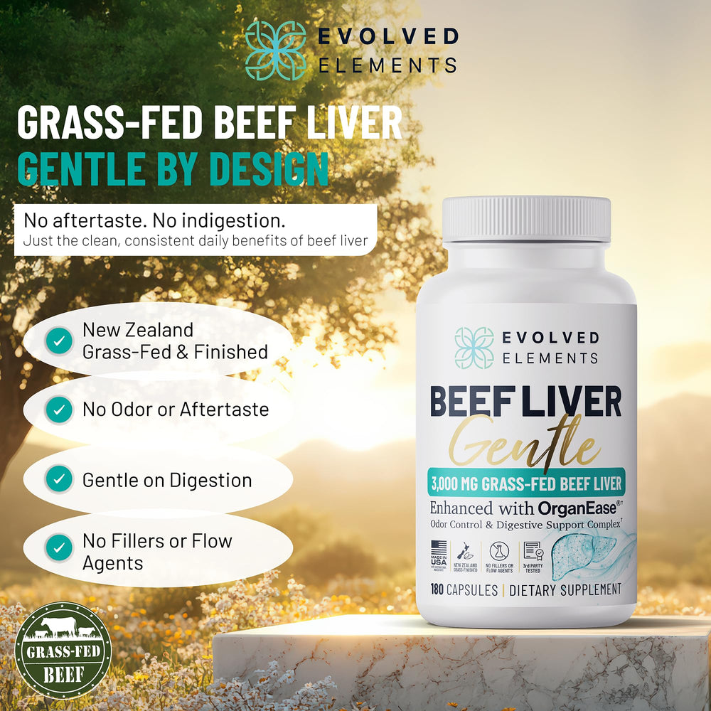 Third-party tested and Non-GMO badge confirms quality for Evolved Elements Beef Liver Gentle.