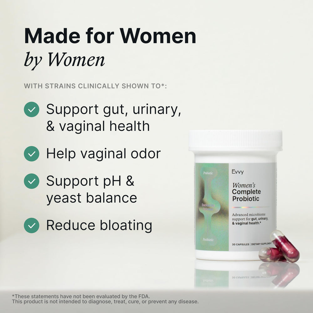 Evvy complete probiotic pill close-up highlighting daily capsule for women