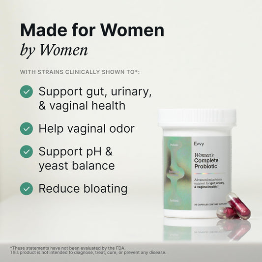 Close-up of Evvy capsules highlighting daily dose for gut and urinary health