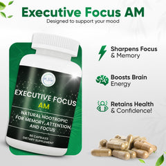 Executive Focus packaging with bottle on a clean desk for daily use
