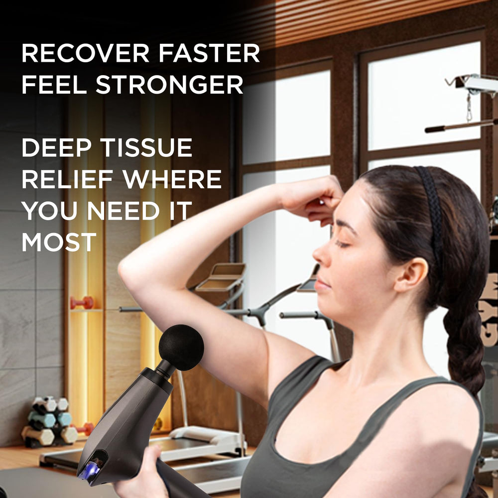 EXELLEON Percussion Massager on back and neck area for muscle tension.