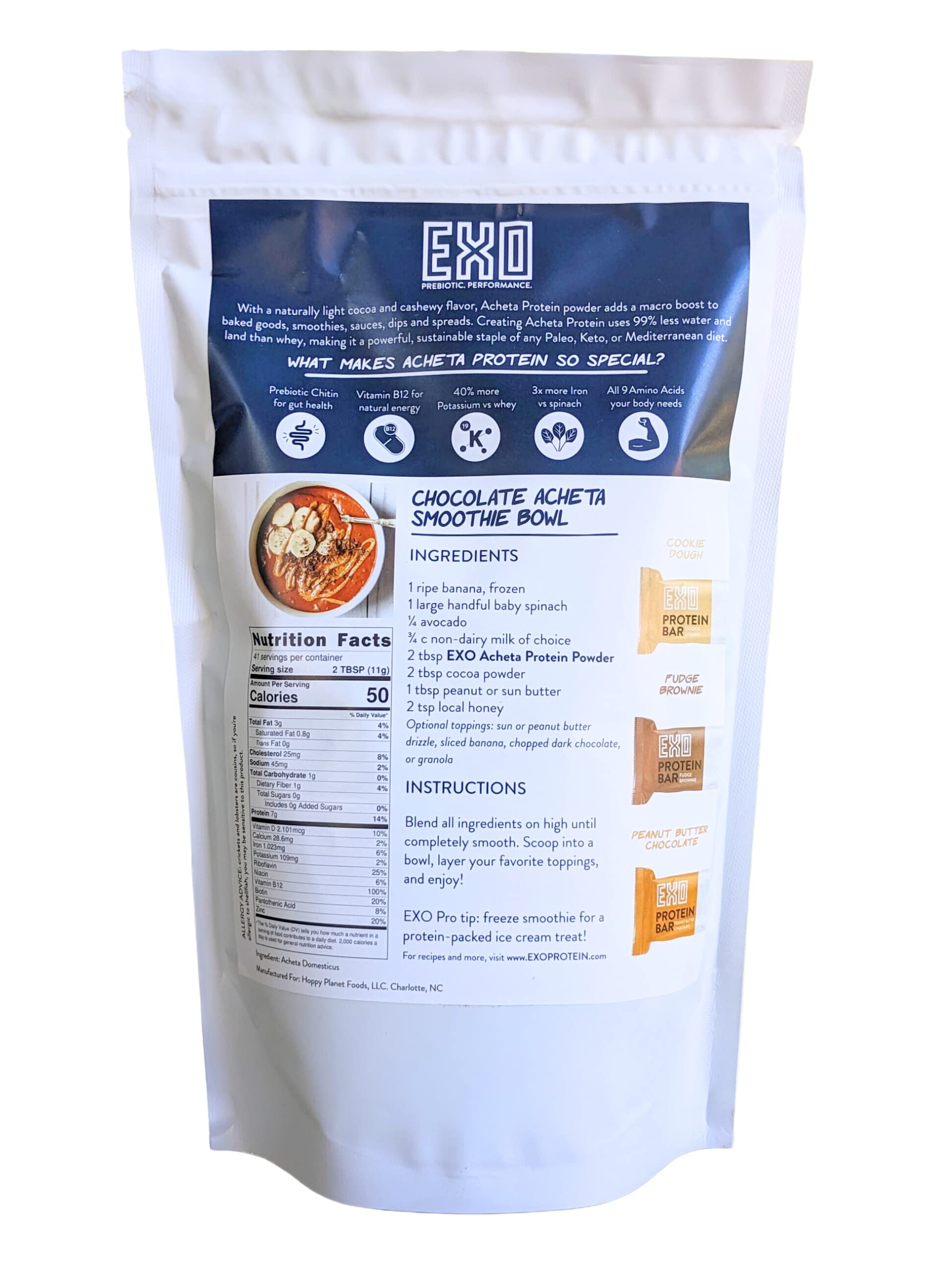 EXO Pure Cricket Protein Powder ingredients panel highlights nutrition and allergen-free formula
