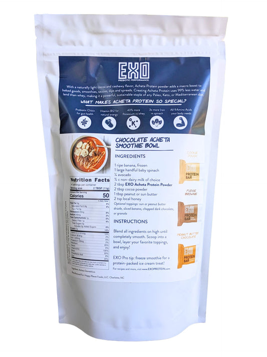 EXO Pure Cricket Protein Powder ingredients panel highlights nutrition and allergen-free formula