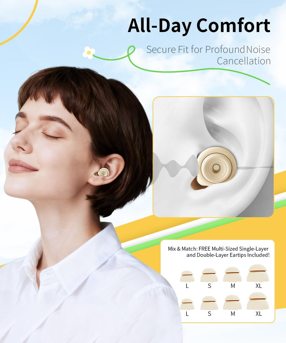 EXOVOW ear plugs sleep 45dB four tip sizes XS to L for fit.