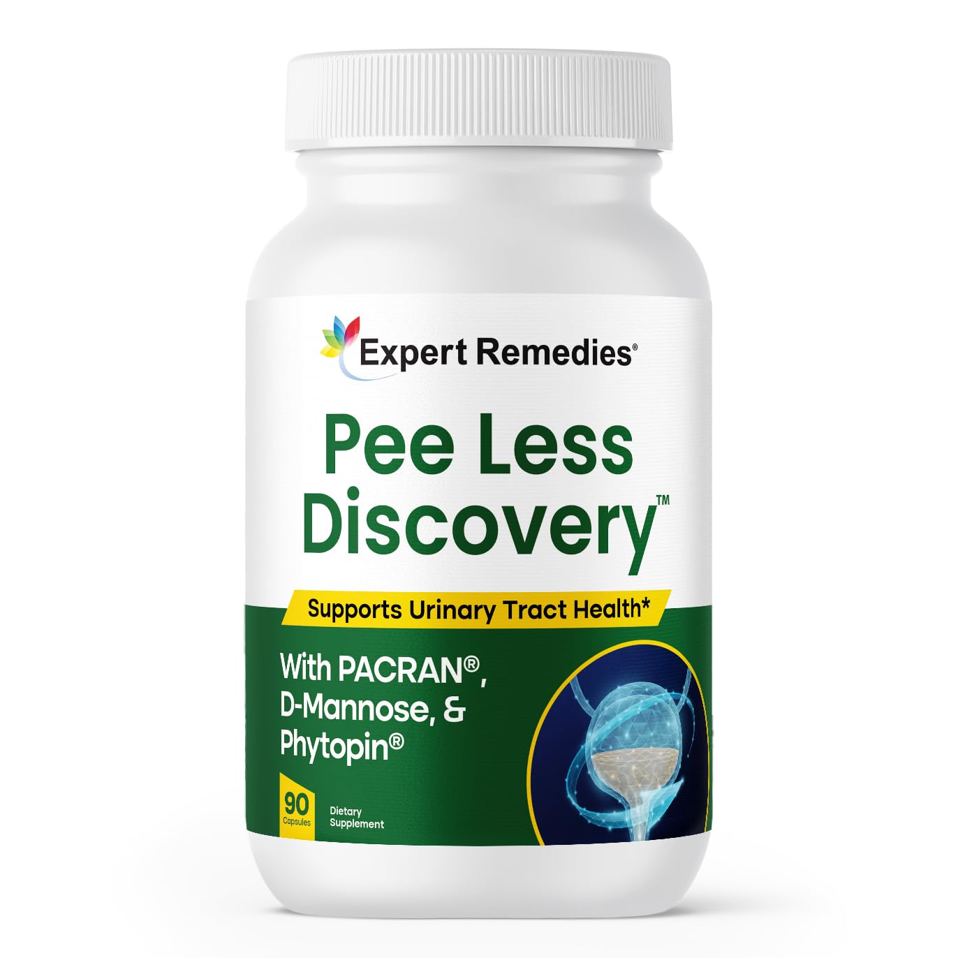 Expert Remedies Pee Less Discovery bottle showcasing capsule form for urinary health
