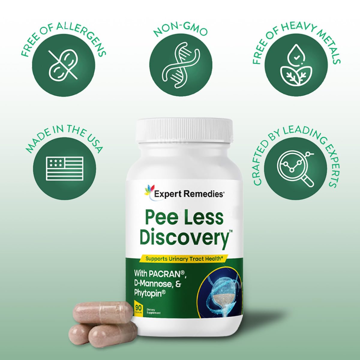 Expert Remedies Pee Less Discovery capsules close-up showing easy-to-take texture