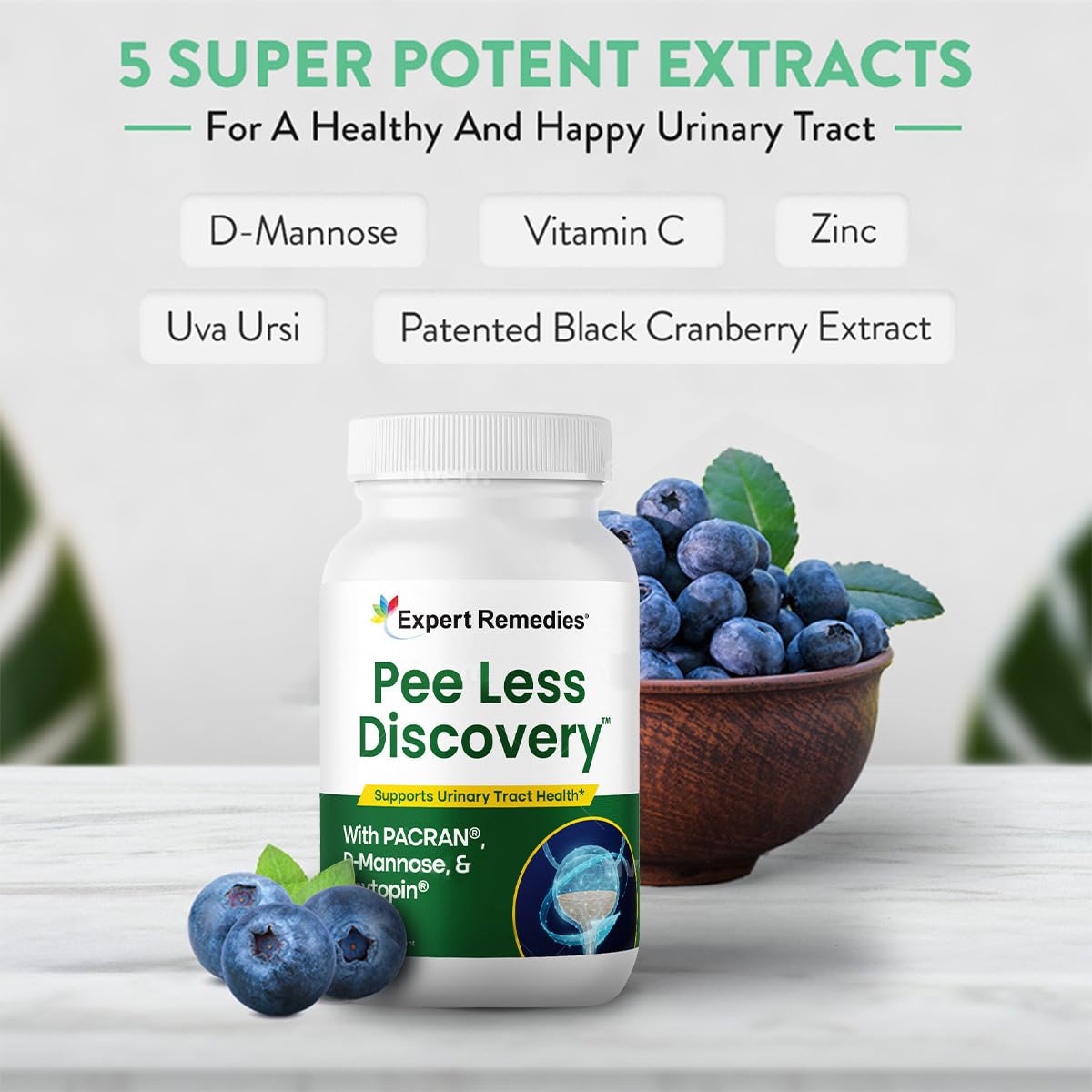 Pee Less Discovery label highlights cranberry extract and D-mannose for urinary support