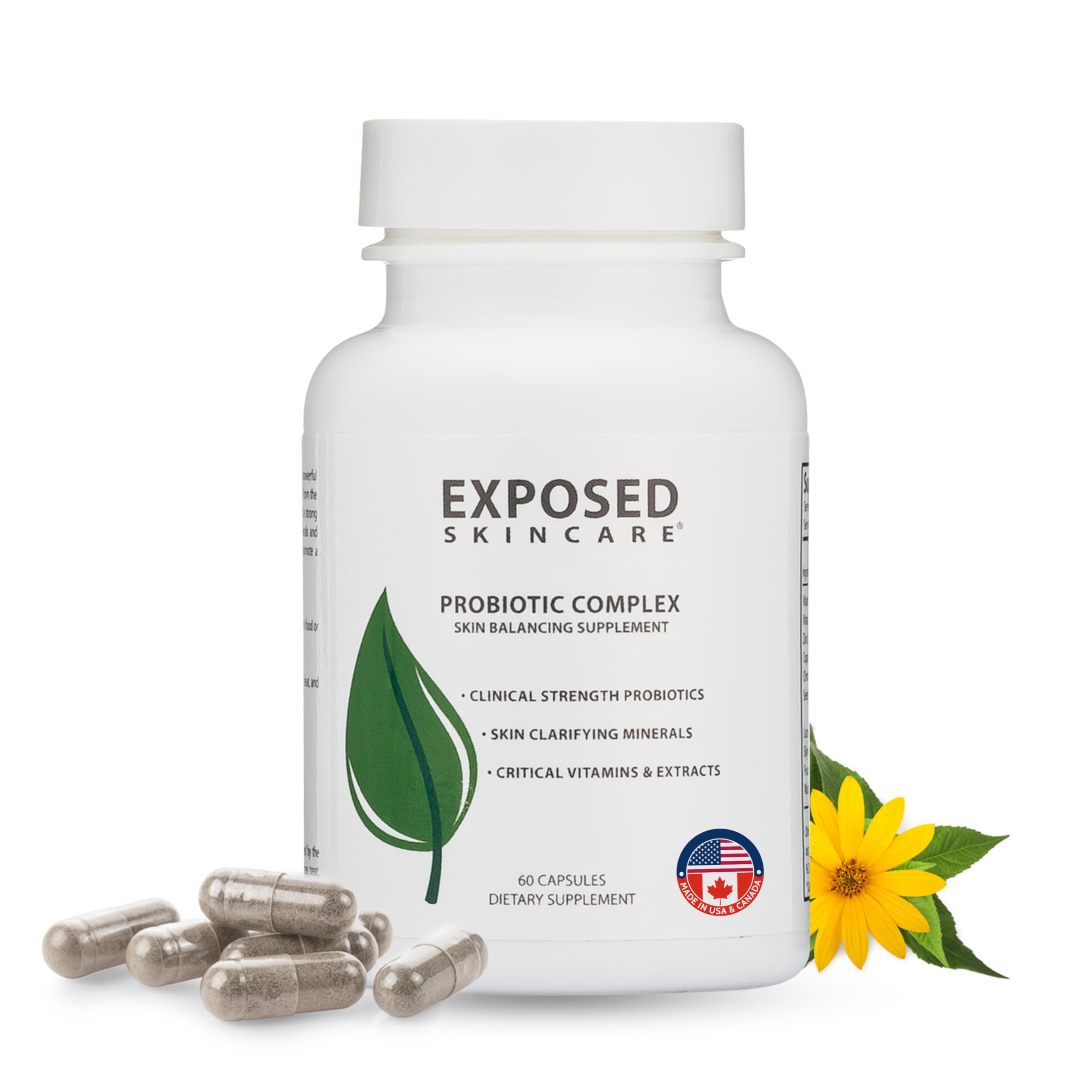 Exposed Skin Care probiotic bottle label for skin support and balance.