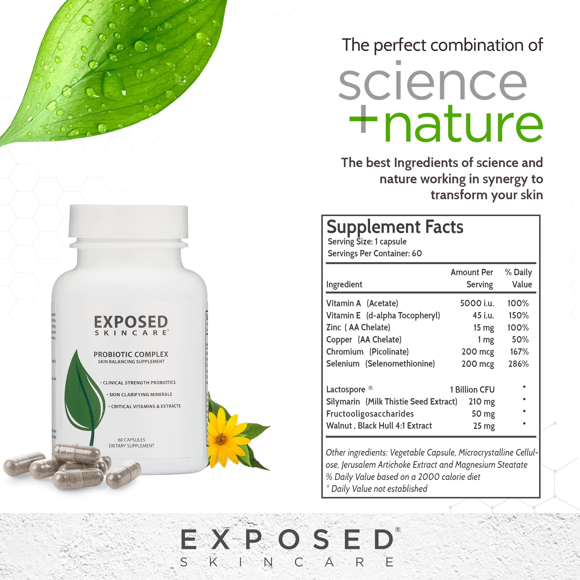 Exposed Skin Care vegan capsule bottle emphasizes plant-based formula.