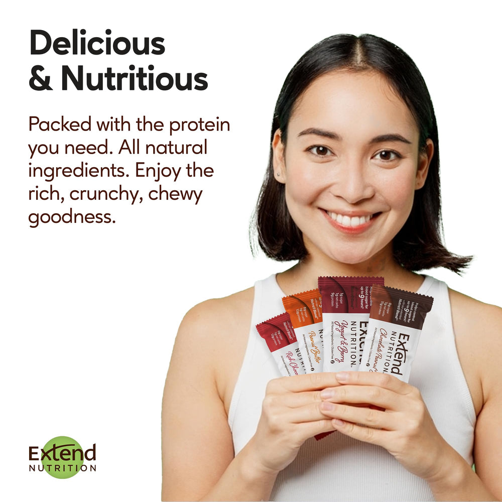 Extend Bar fiber-rich protein bars labeled for steady energy and hunger control.