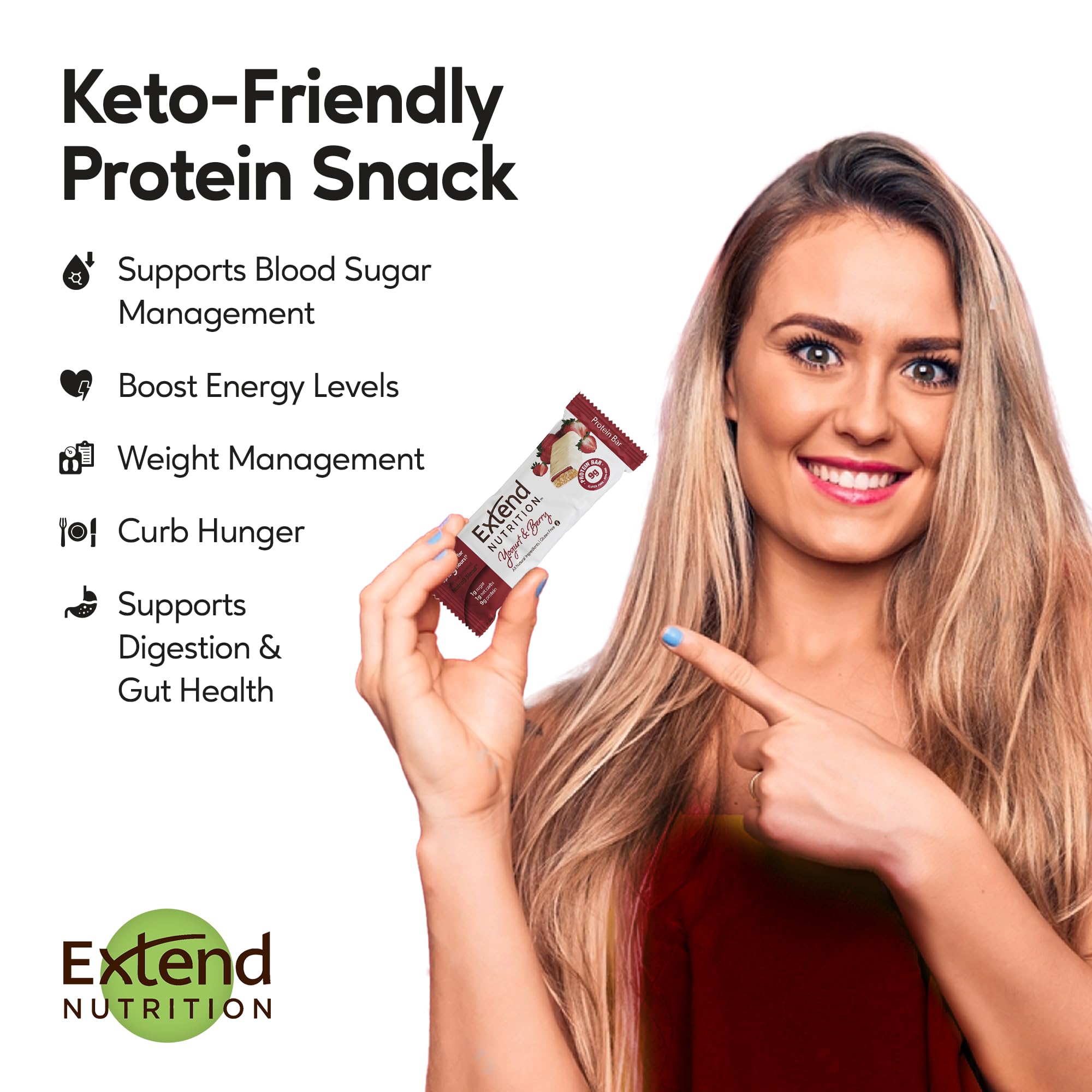 Extend Bar natural ingredients closeup with no artificial flavors and erythritol-free formula.