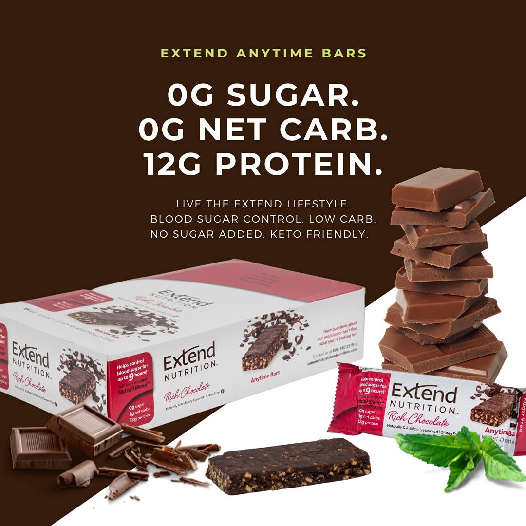 Nutrition facts panel from Extend Bar shows 12 g protein and 0 g sugar