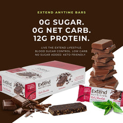 Nutrition facts panel from Extend Bar shows 12 g protein and 0 g sugar