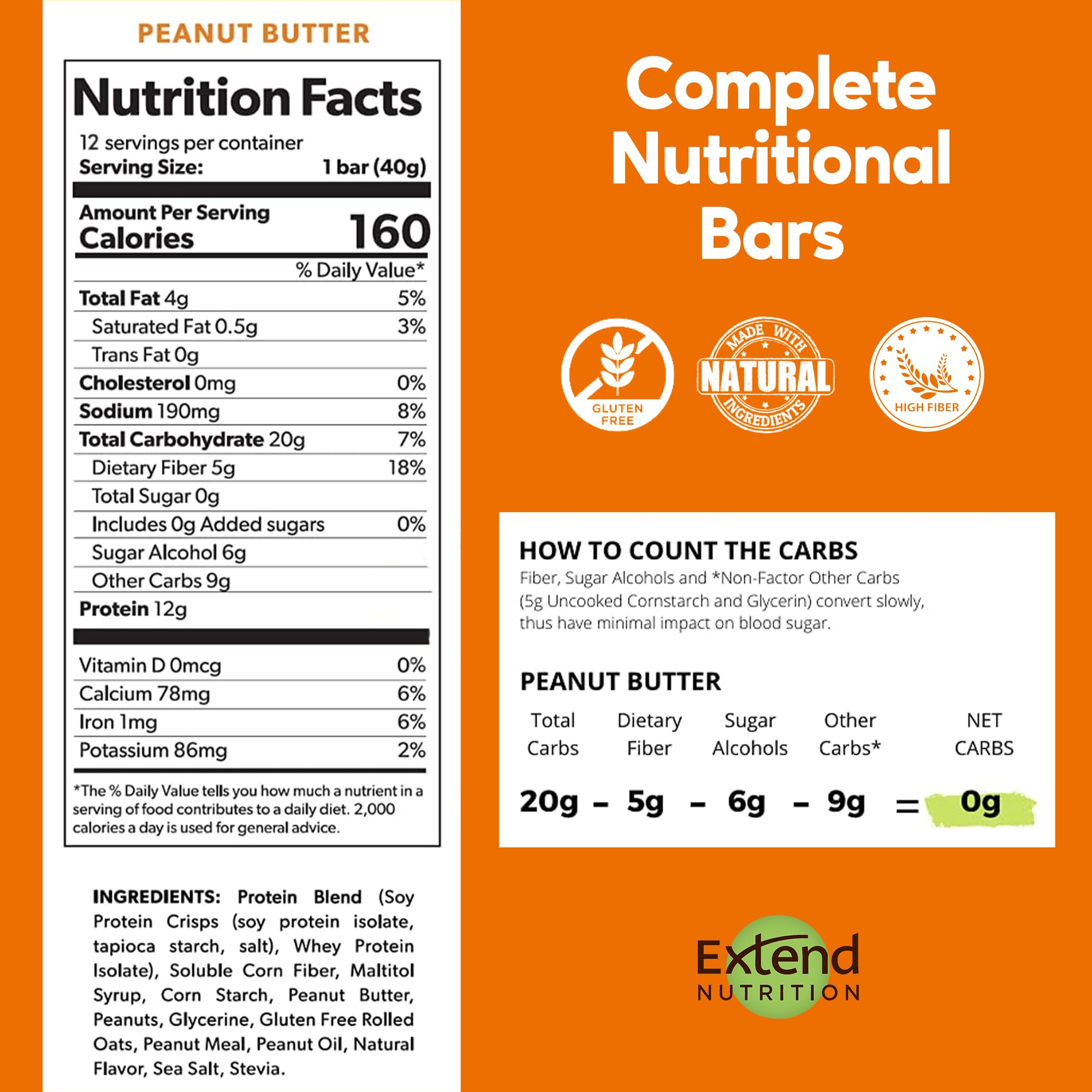 Extend Bar Peanut Butter Sugar-Free Protein Bar nutrition facts panel