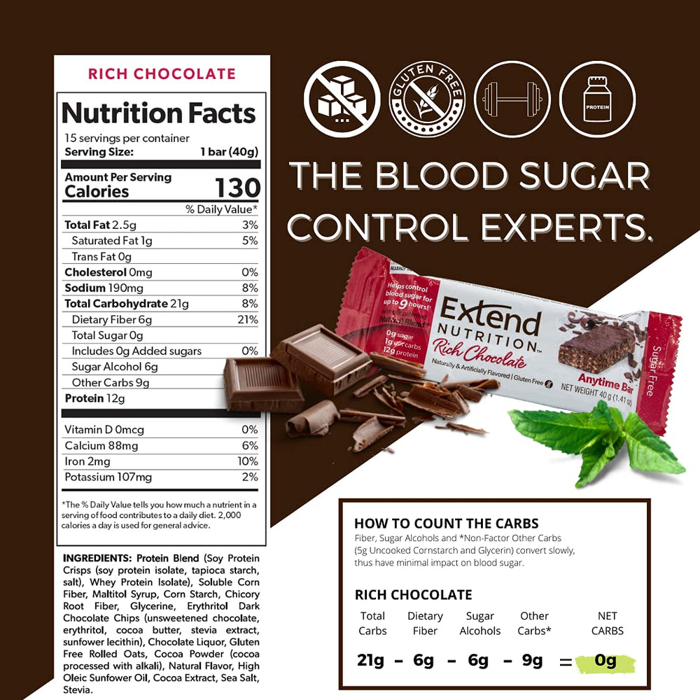 Extend Bar wrapper highlights zero sugar and keto-friendly nutrition
