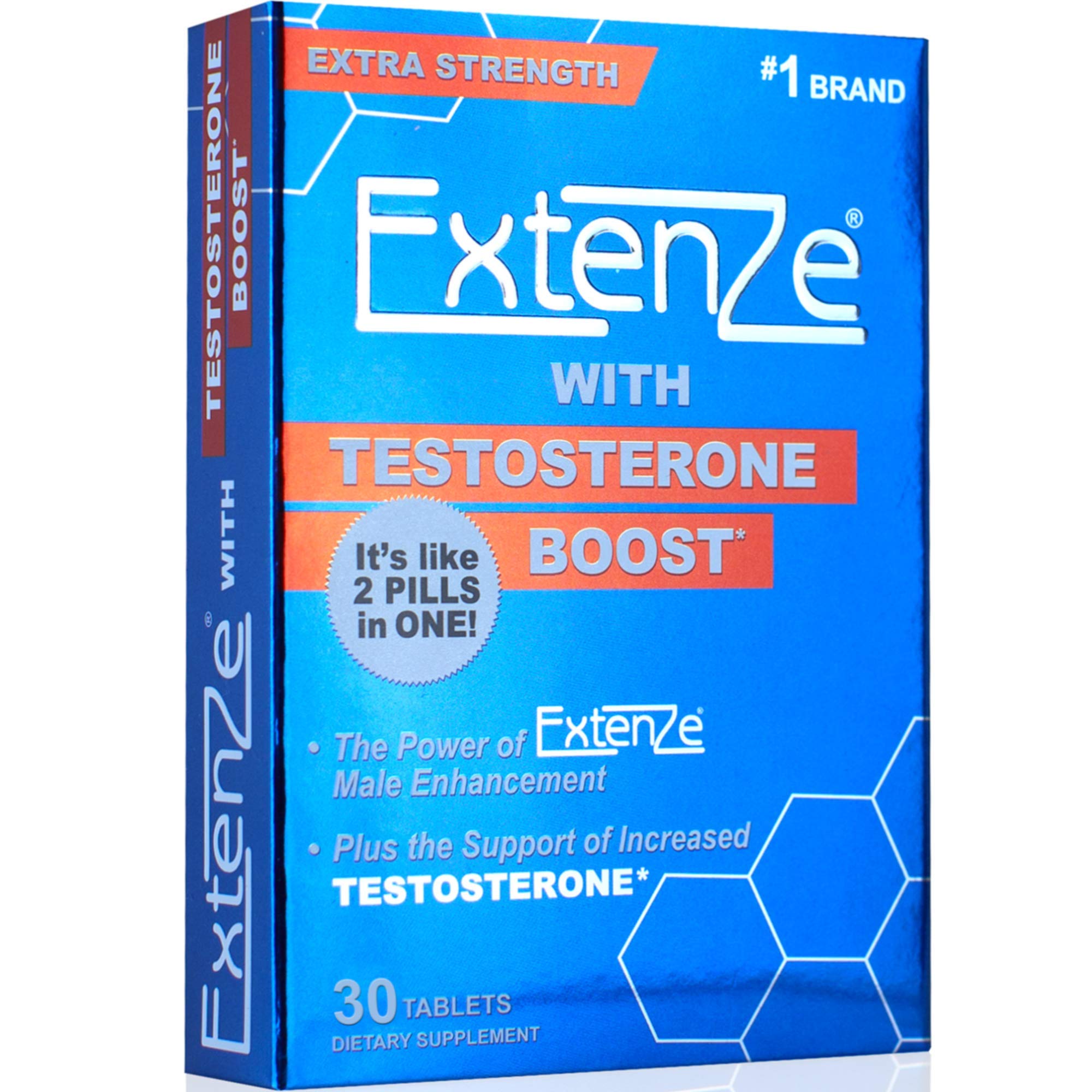 ExtenZe Testosterone Boost bottle packaging highlighting energy and vitality support.