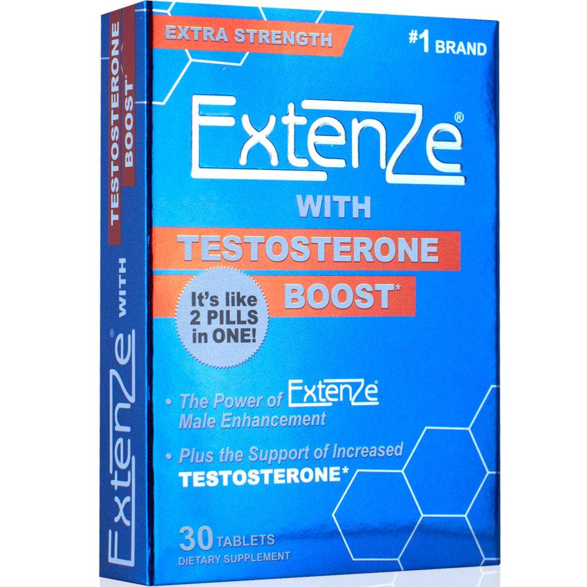 ExtenZe Testosterone Boost bottle packaging highlighting energy and vitality support.