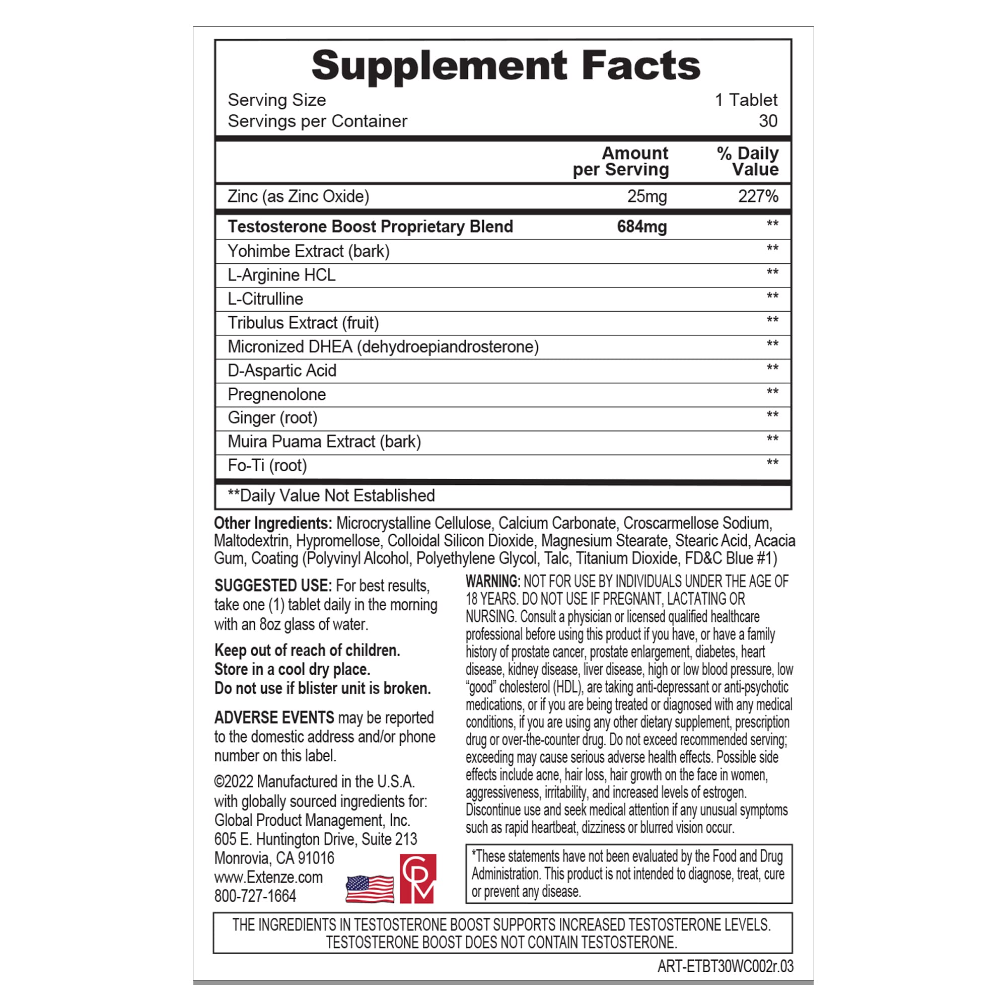 ExtenZe Testosterone Boost label detail emphasizing stamina and focus.