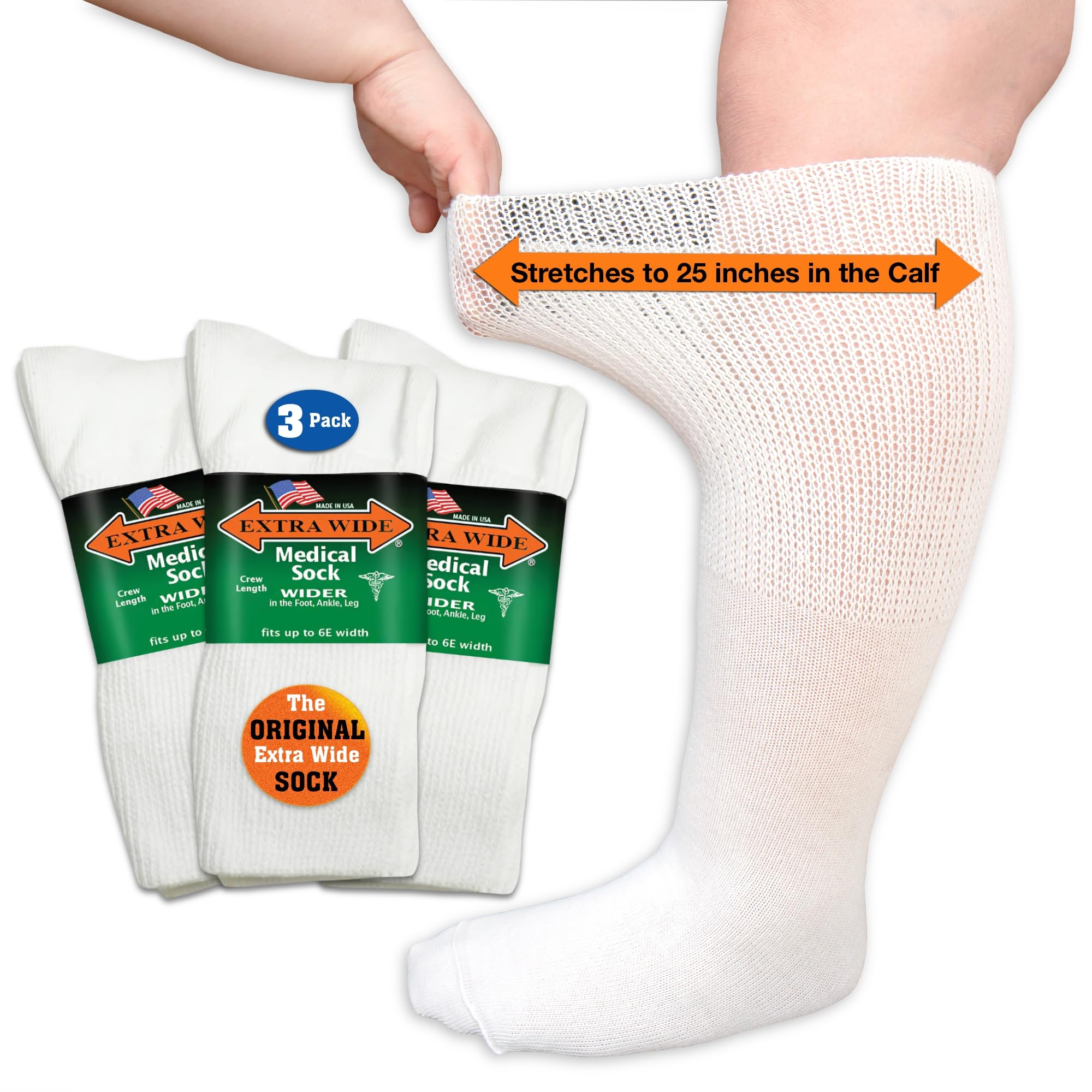 Extra Wide Medical mid calf crew socks front view, comfortable fit for wide feet