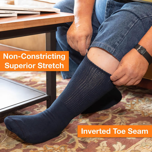 Extra Wide Medical mid calf crew socks side view, non-binding design supports movement