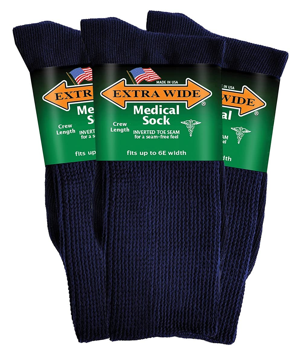 Extra Wide Medical mid-calf crew socks, navy, roomy fit for swollen feet.